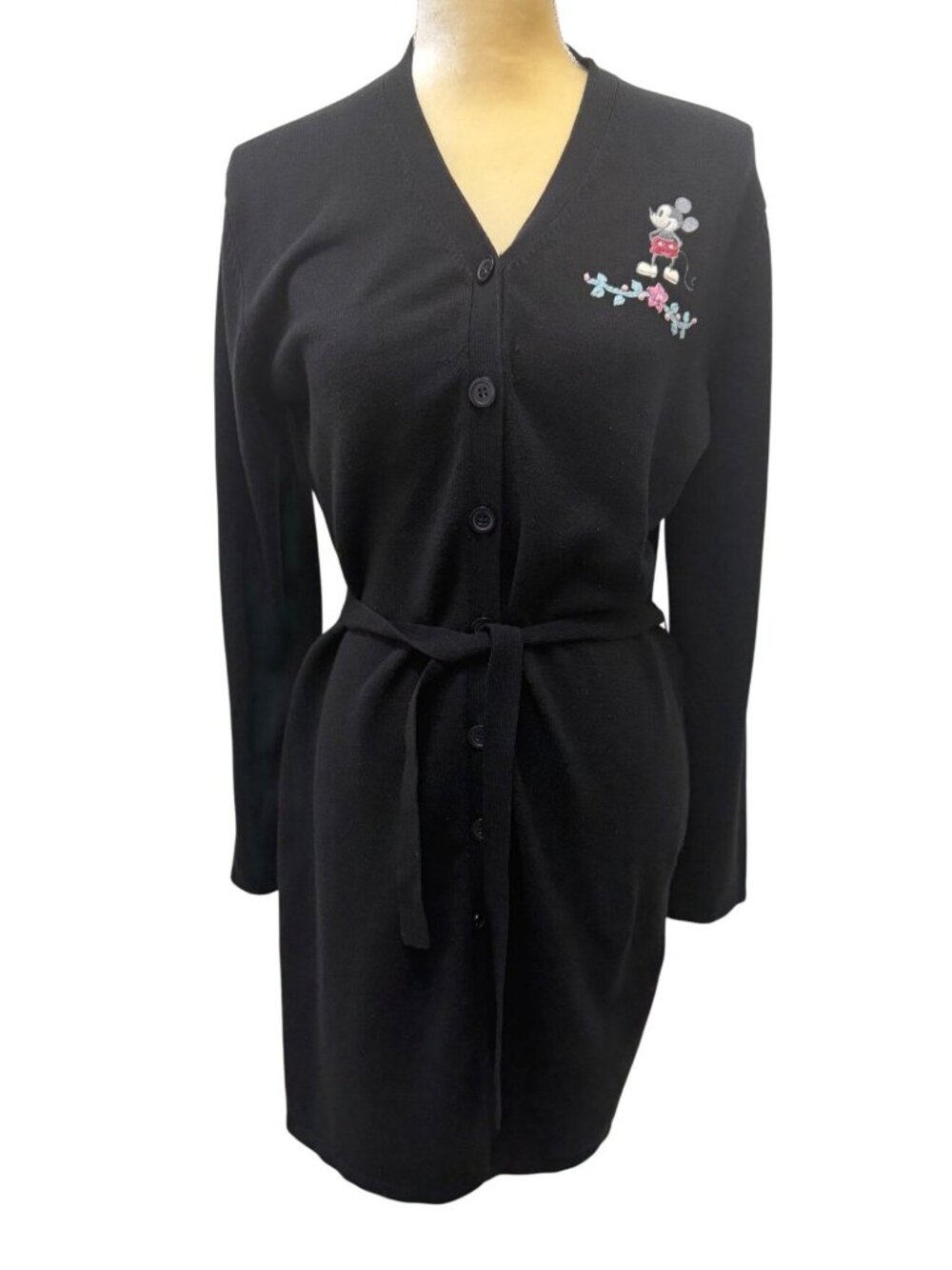 Disney Store Minnie Mouse Black Button Cardigan Floral Sweater Belted Medium
